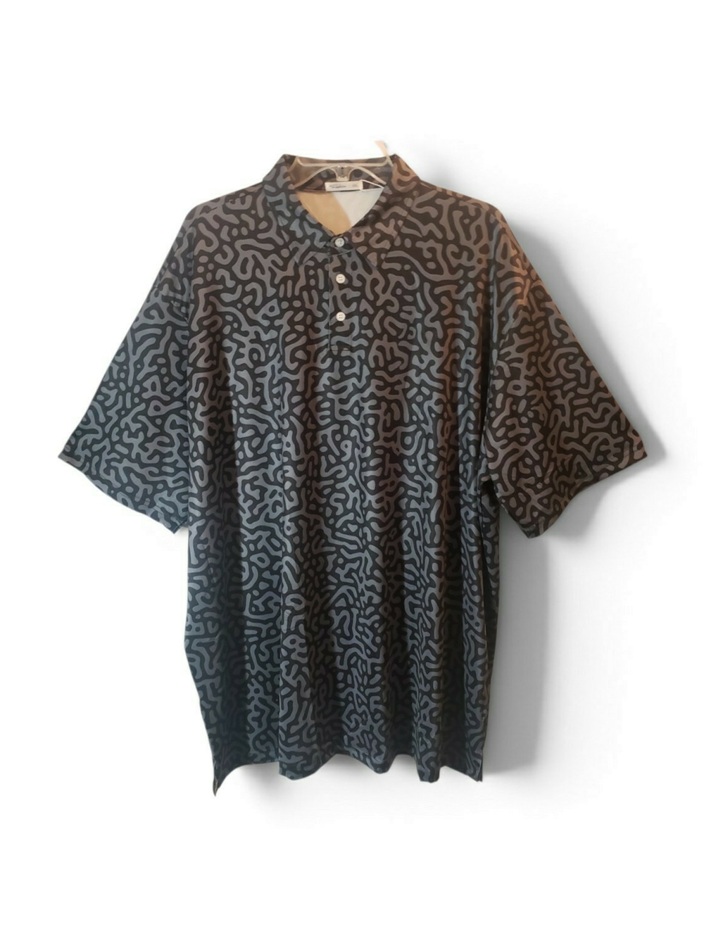 Men's 3XL short-sleeve polo shirt dark grey and black abstract squiggle.